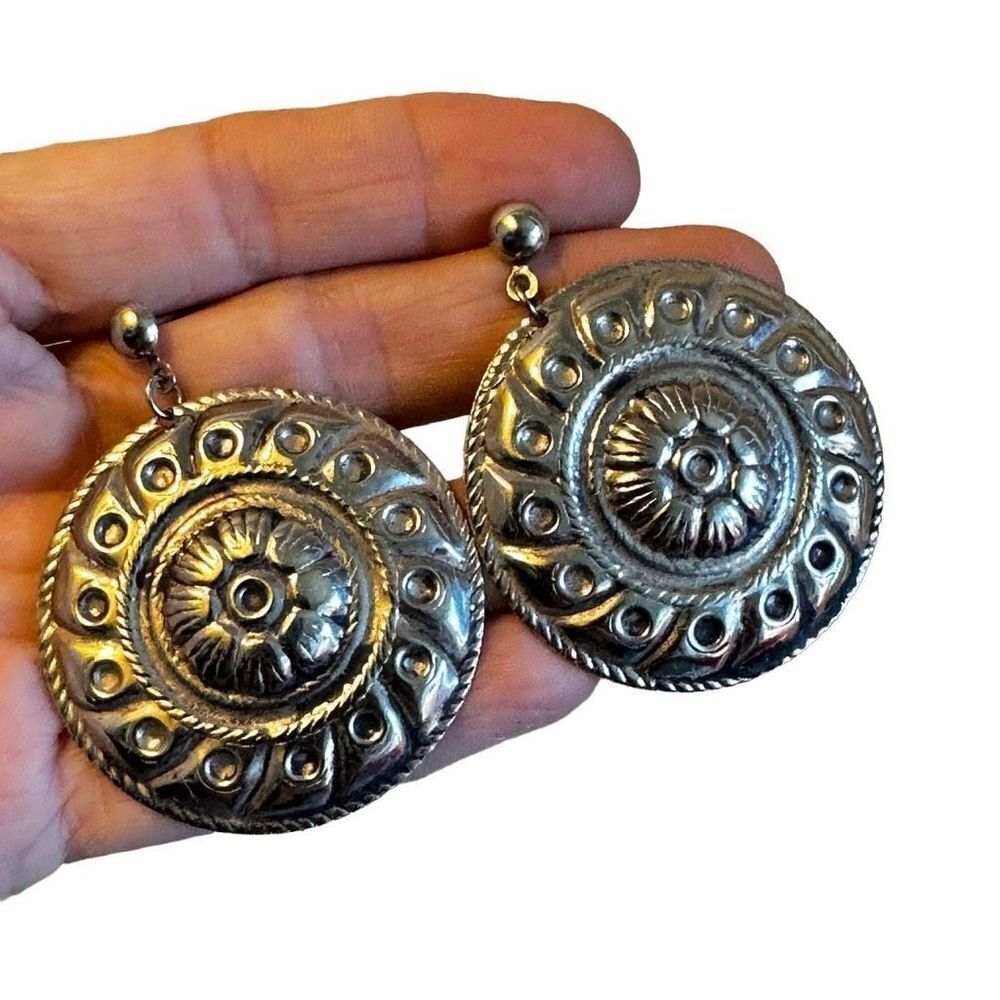 Silver tone round statement earrings
